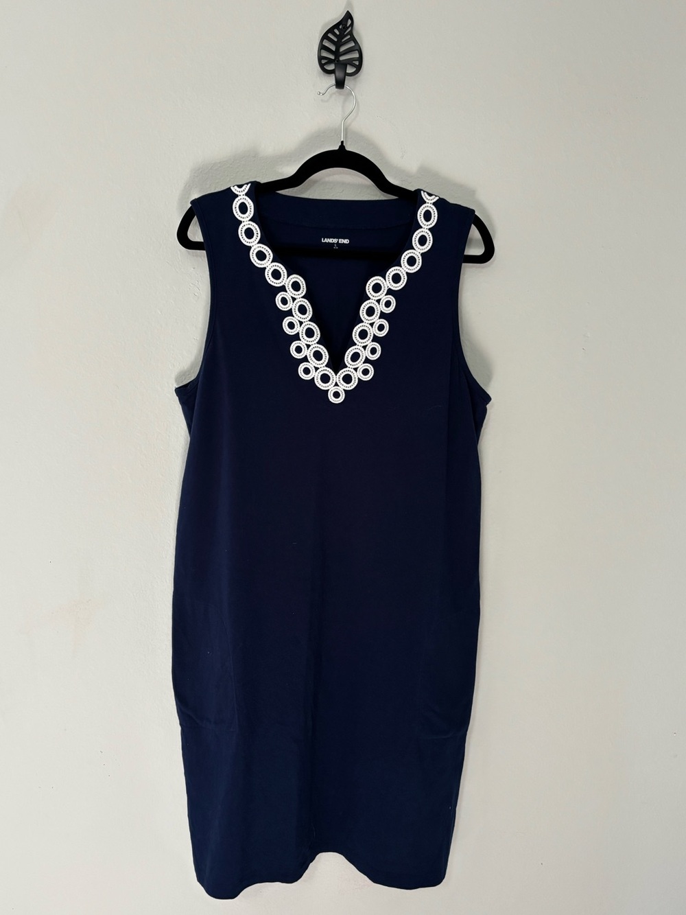 Lands' End Navy Cotton Jersey Sleeveless Dress White Lace Trim V-Neck L